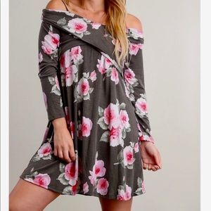 Charcoal Floral Cold Shoulder Dress